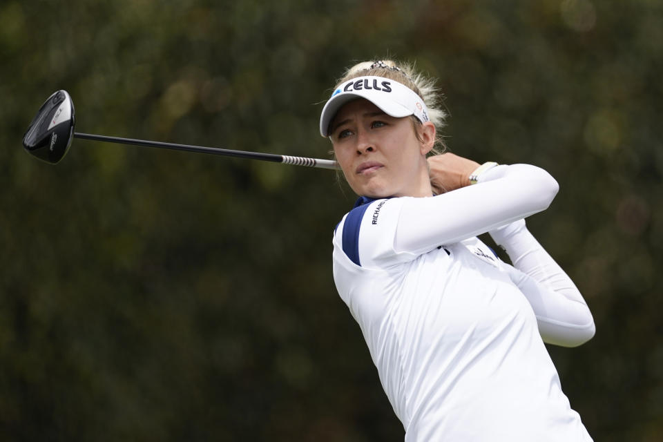 Nelly Korda tees off at the second hole during the final round of the LPGA's Hugel-Air Premia LA Open golf tournament at Wilshire Country Club Saturday, April 24, 2021, in Los Angeles. (AP Photo/Ashley Landis)