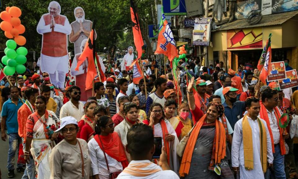 Supporters of India’s ruling Bharatiya Janata party (BJP) take part in a mass election rally in Kolkata, India, in early April.