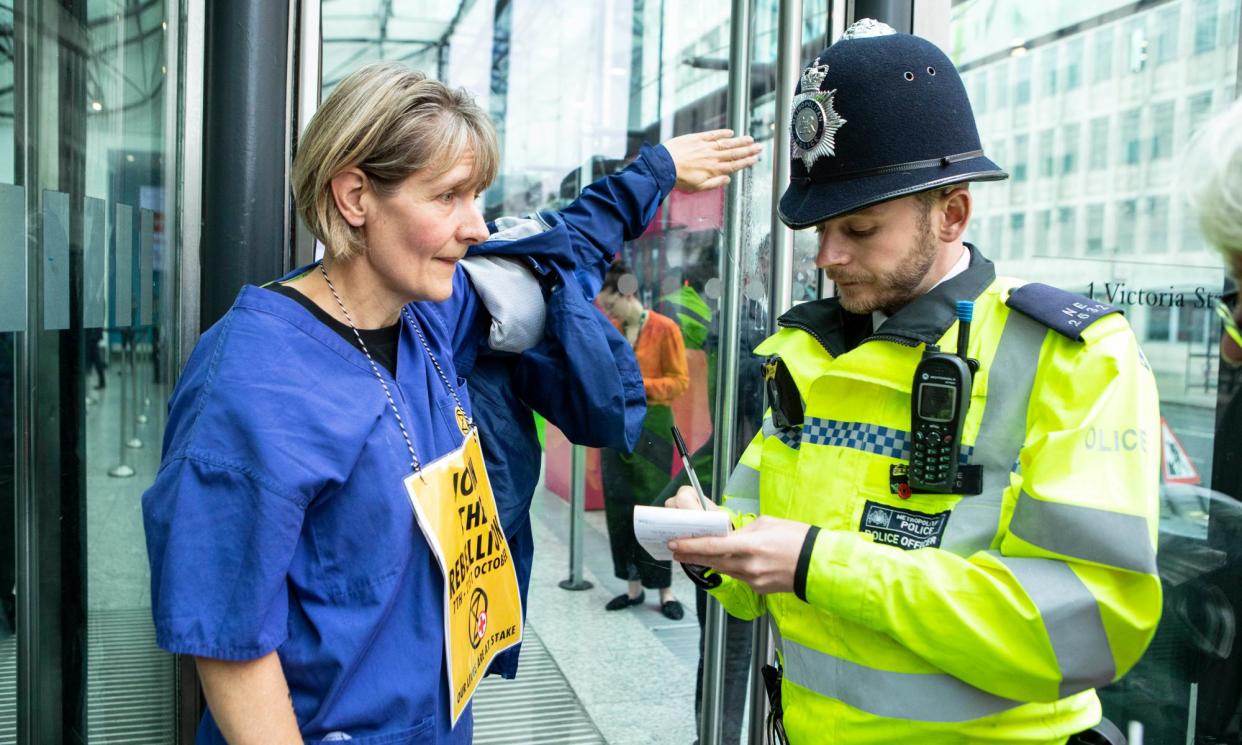 <span>Sarah Benn, a GP who is now retired, once glued her hand to the Department for Business, Energy and Industrial Strategy in protest at government climate inaction.</span><span>Photograph: Antonio Olmos/The Guardian</span>