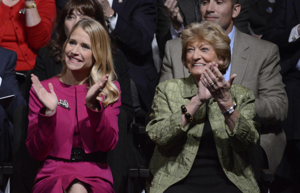 DANVILLE, KY - OCTOBER 11: Janna Ryan (L), wife of Republican vice presidential candidate U.S. Rep. Paul Ryan (R-WI) and his mother Betty Douglas (R) applaud before the vice presidential debate at Centre College on October 11, 2012 in Danville, Kentucky. This is the second of four debates during the presidential election season and the only debate between the vice presidential candidates before the closely-contested election November 6. (Photo by Michael Reynolds-Pool/Getty Images)