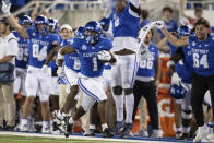 Kentucky running back Ray Davis (1) runs down the sideline during the second half of an NCAA college football game against Akron in Lexington, Ky., Saturday, Sept. 16, 2023. (AP Photo/Michelle Haas Hutchins)