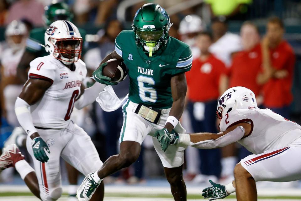 Lawrence Keys III (6) of Tulane University in action against the University of Southern Alabama at Yulman Stadium on Sept. 2, 2023, in New Orleans, Louisiana.