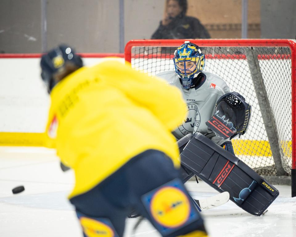 Team Sweden takes to the ice for practice ahead of the 2024 IIHF Women's World Championship at the Nexus Center in Utica, NY on Thursday, March 28, 2024.