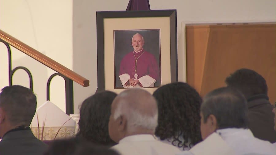 Hundreds gathered for a memorial mass to honor Los Angeles Auxillary Bishop David O'Connell at the San Gabriel Mission Church on Feb. 24, 2024. (KTLA)