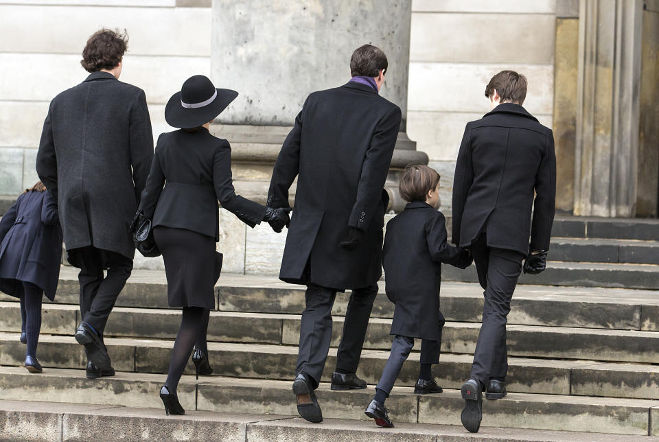 COPENHAGEN, DENMARK - FEBRUARY 20: Prince Joachim and Princess Marie together with their children  arrive to the funeral of Prince Henrik, the husband of Queen Margrethe of Denmark at Christiansborg Palace (the Parliament) Church on February 20, 2018 in Copenhagen, Denmark. The funeral was held as a private ceremony and only attended by the family. (Photo by Ole Jensen - Corbis/Corbis via Getty Images)