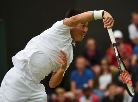 Britain Tennis - Wimbledon - All England Lawn Tennis & Croquet Club, Wimbledon, England - 2/7/16 Japan's Kei Nishikori in action against Russia's Andrey Kuznetsov REUTERS/Toby Melville