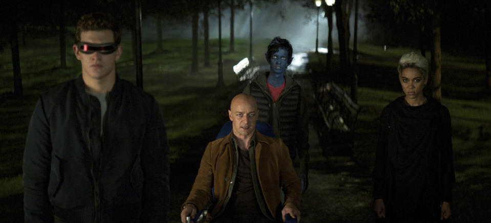 This image released by Twentieth Century Fox shows Tye Sheridan, from left, James McAvoy, Kodi Smit-McPhee, and Alexandra Shipp in "Dark Phoenix." (Twentieth Century Fox via AP)