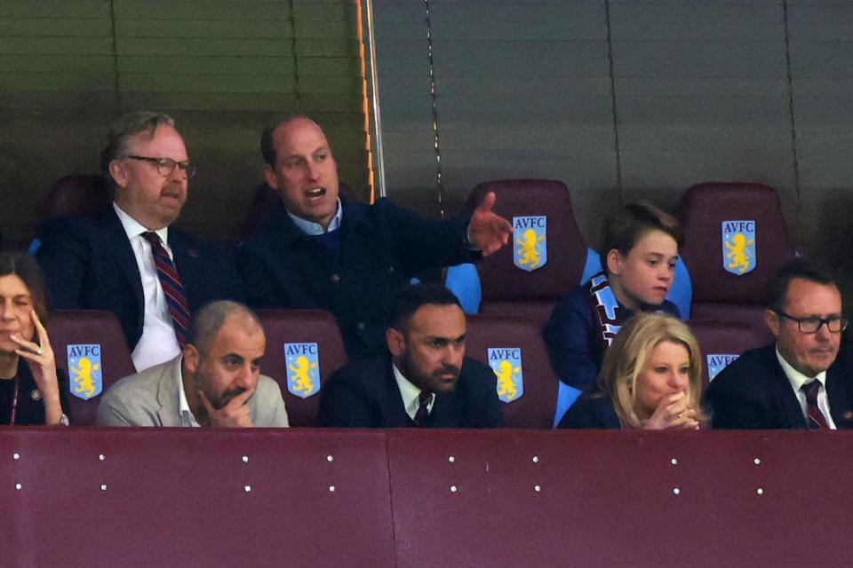 PHOTO: Prince William, Prince of Wales and Prince George of Wales look on during the UEFA Europa Conference League 2023/24 Quarter-final first leg match between Aston Villa and Lille OSC at Villa Park on April 11, 2024 in Birmingham, England. (Marc Atkins/Getty Images)