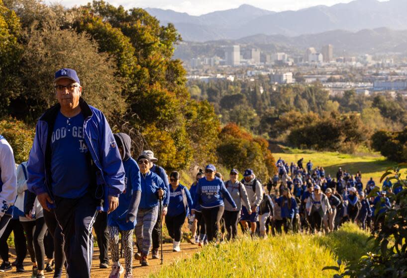 Los Angeles, CA - March 24: Throngs of hikers in Dodger Blue make their the way to Mt. Hollywood in Griffith Park on Sunday, March 24, 2024 in Los Angeles, CA. (Brian van der Brug / Los Angeles Times)