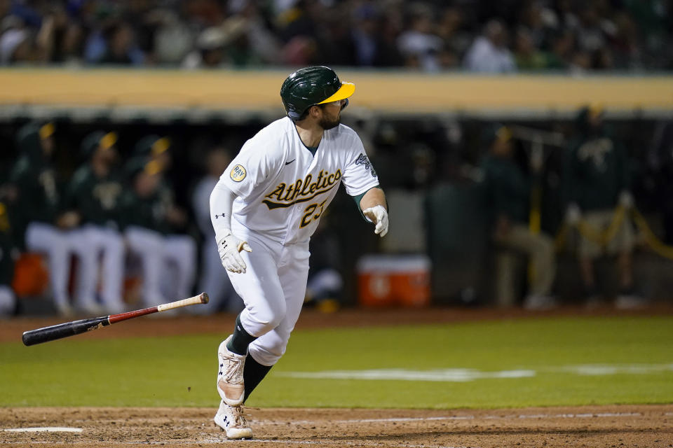 Oakland Athletics' Shea Langeliers hits a solo home run against the New York Yankees during the sixth inning of a baseball game in Oakland, Calif., Thursday, Aug. 25, 2022. (AP Photo/Godofredo A. Vásquez)