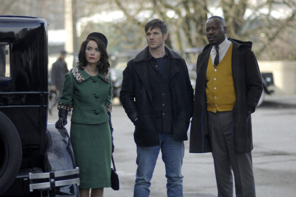 TIMELESS -- "Public Enemy No. 1" Episode 114 -- Pictured: (l-r) Abigail Spencer as Lucy Preston, Matt Lanter as Wyatt Logan, Malcolm Barrett as Rufus Carlin -- (Photo by: Sergei Bachlakov/NBC)