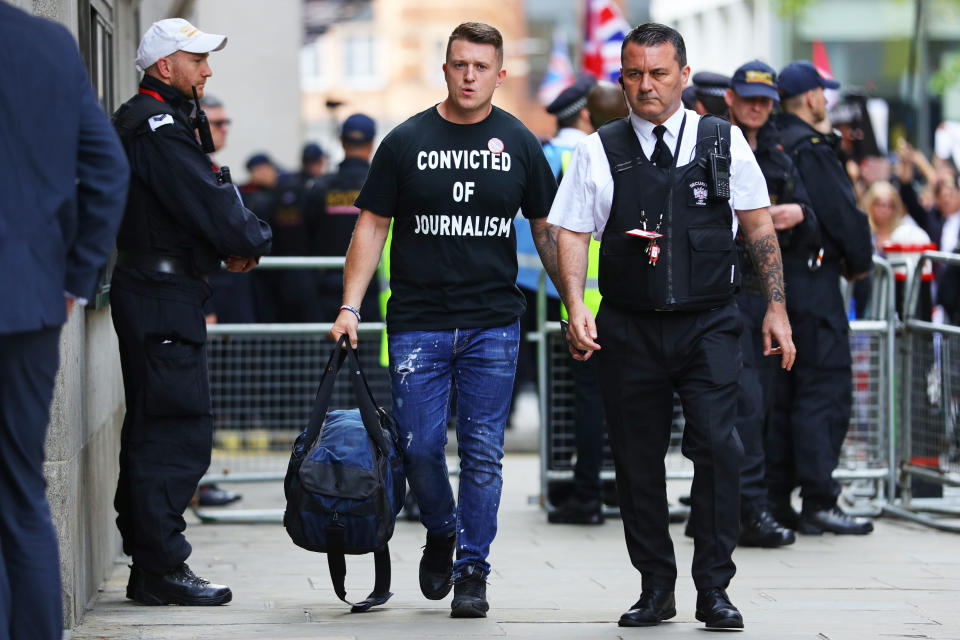 Tommy Robinson arrives for his sentencing at the Old Bailey in London.