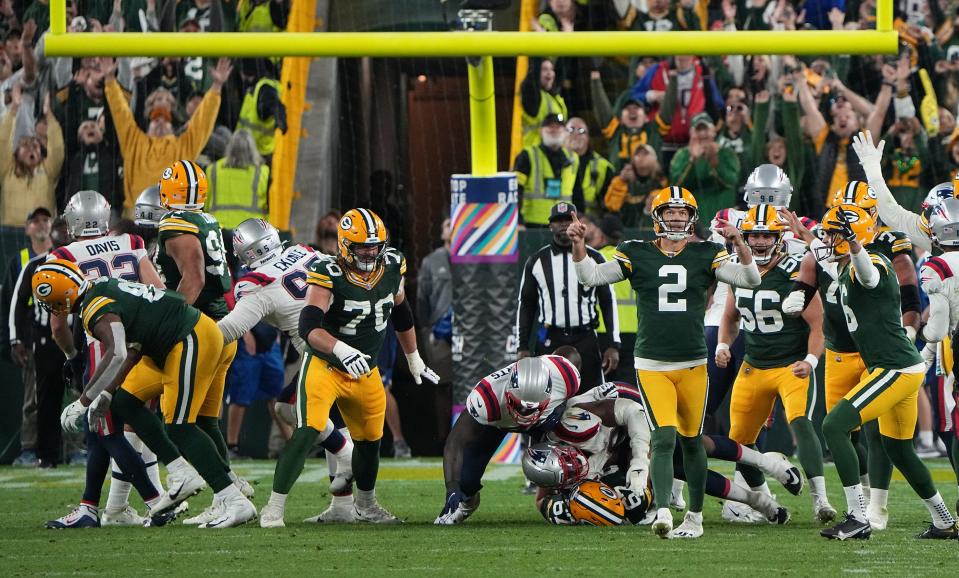 Green Bay Packers kicker Mason Crosby reacts after kicking the winning field goal against the New England Patriots on Oct. 2, 2022.