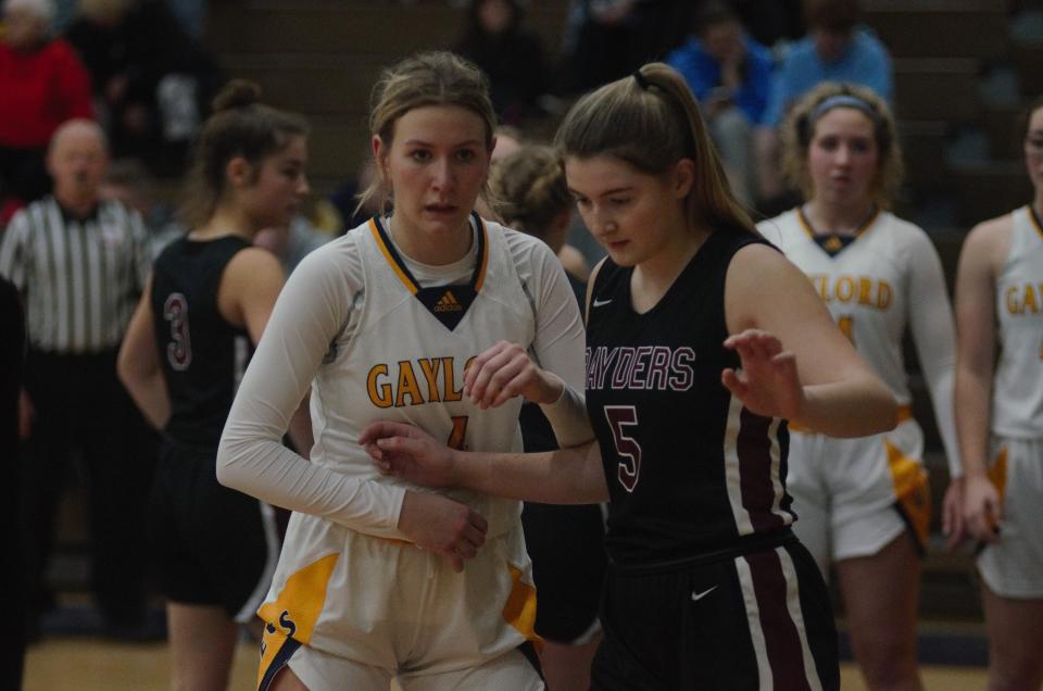 Meghan Keen looks for an inbound pass during a basketball matchup between Gaylord and Charlevoix on Tuesday, December 6 in Gaylord, Mich.