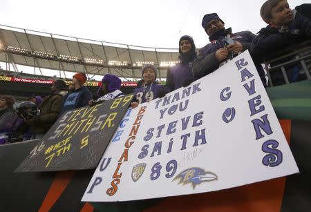 Jan 1, 2017; Cincinnati, OH, USA; Fans display their signs for Baltimore Ravens receiver Steve Smith (not pictured) after the game against the Cincinnati Bengals at Paul Brown Stadium. Mandatory Credit: David Kohl-USA TODAY Sports