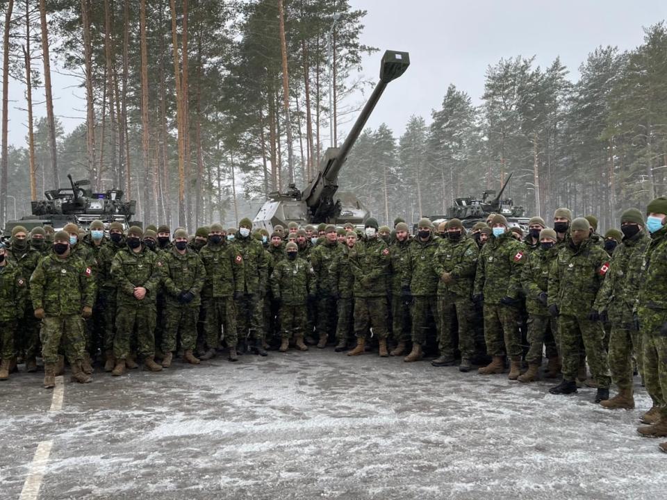 Canadian soldiers are seen recently at Camp Ādaži, near Riga, Latvia, as part of NATO military drills. Most of the soldiers are members of the Royal 22nd Regiment based out of Valcartier, Que. (Stephanie Jenzer/CBC - image credit)