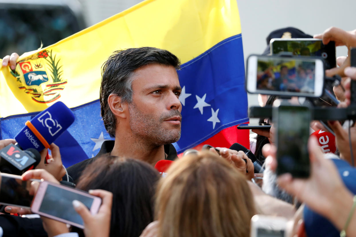 Venezuelan opposition leader Leopoldo Lopez talks to the media at the residence of the Spanish ambassador in Caracas, Venezuela May 2, 2019. REUTERS/Carlos Garcia Rawlins