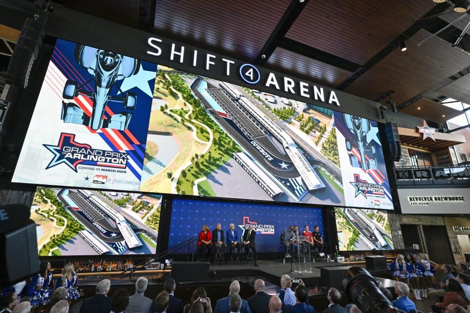 The scene during a news conference announcing the IndyCar Grand Prix of Arlington to be held in 2026 in Arlington, Texas, Tuesday, Oct. 8, 2024. (AP Photo/Jerome Miron)