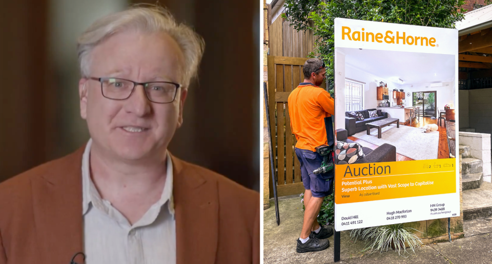 Economist Greg Jericho next to for sale sign