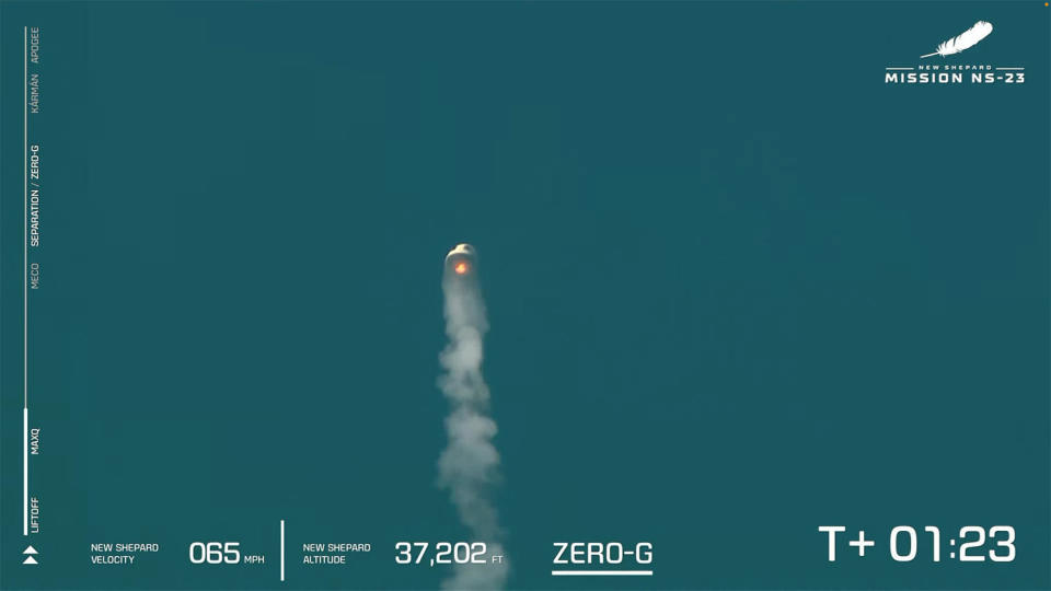 The capsule continued upward to an altitude of more than 37,000 feet before motor burnout and a safe descent to Earth. / Credit: Blue Origin webcast