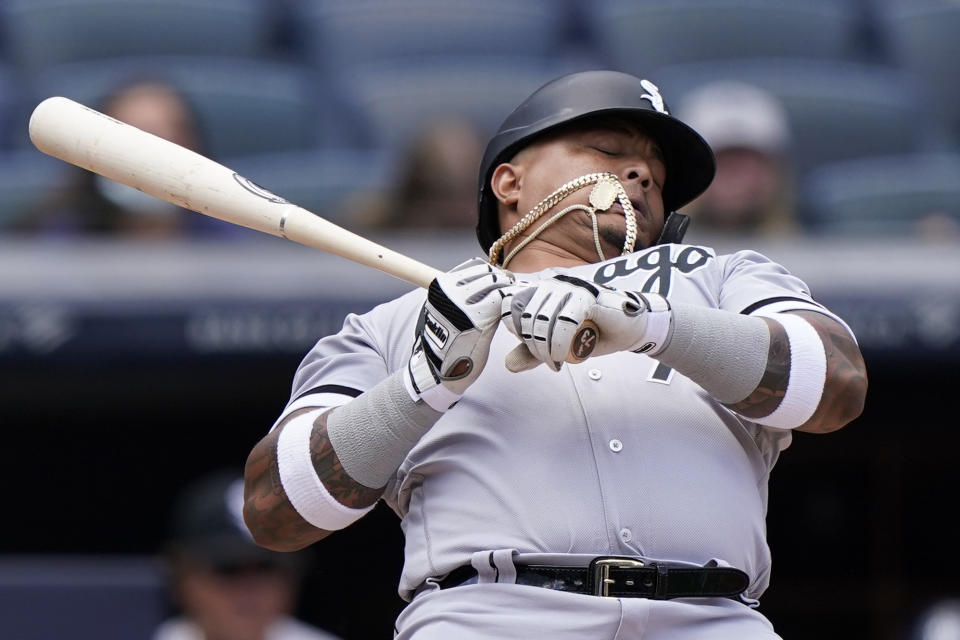 Chicago White Sox designated hitter Yermin Mercedes rears back to a high and inside pitch during the first inning a baseball game, Sunday, May 23, 2021, at Yankee Stadium in New York. (AP Photo/Kathy Willens)