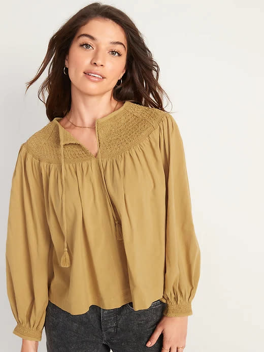 Long-Sleeve Smocked Embroidered Poet Blouse. Image via Old Navy.