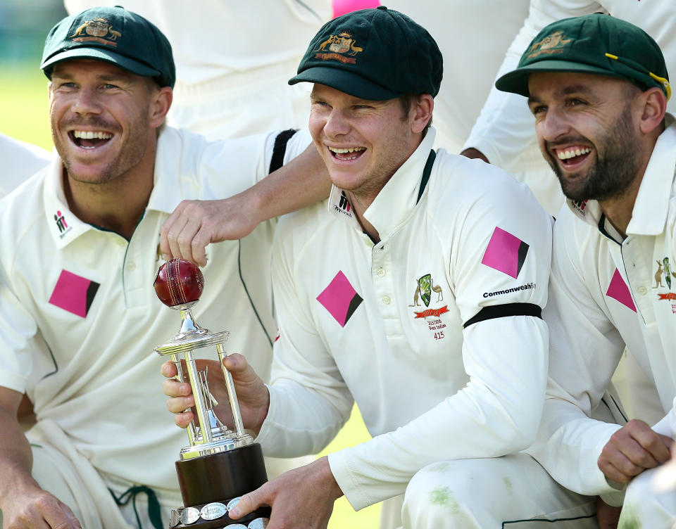 David Warner and Steve Smith, pictured here after a Test series in 2016.