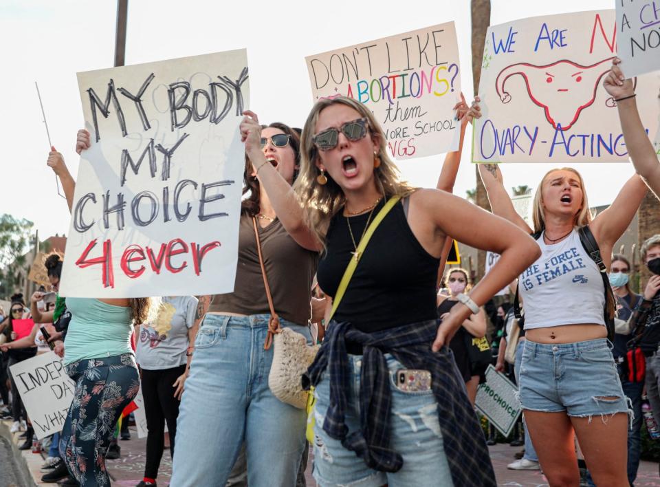 Abortion rights protesters chant during a Pro Choice rally in Arizona after the election swing state ruled that a 160-year-old near total ban on abortion is enforceable