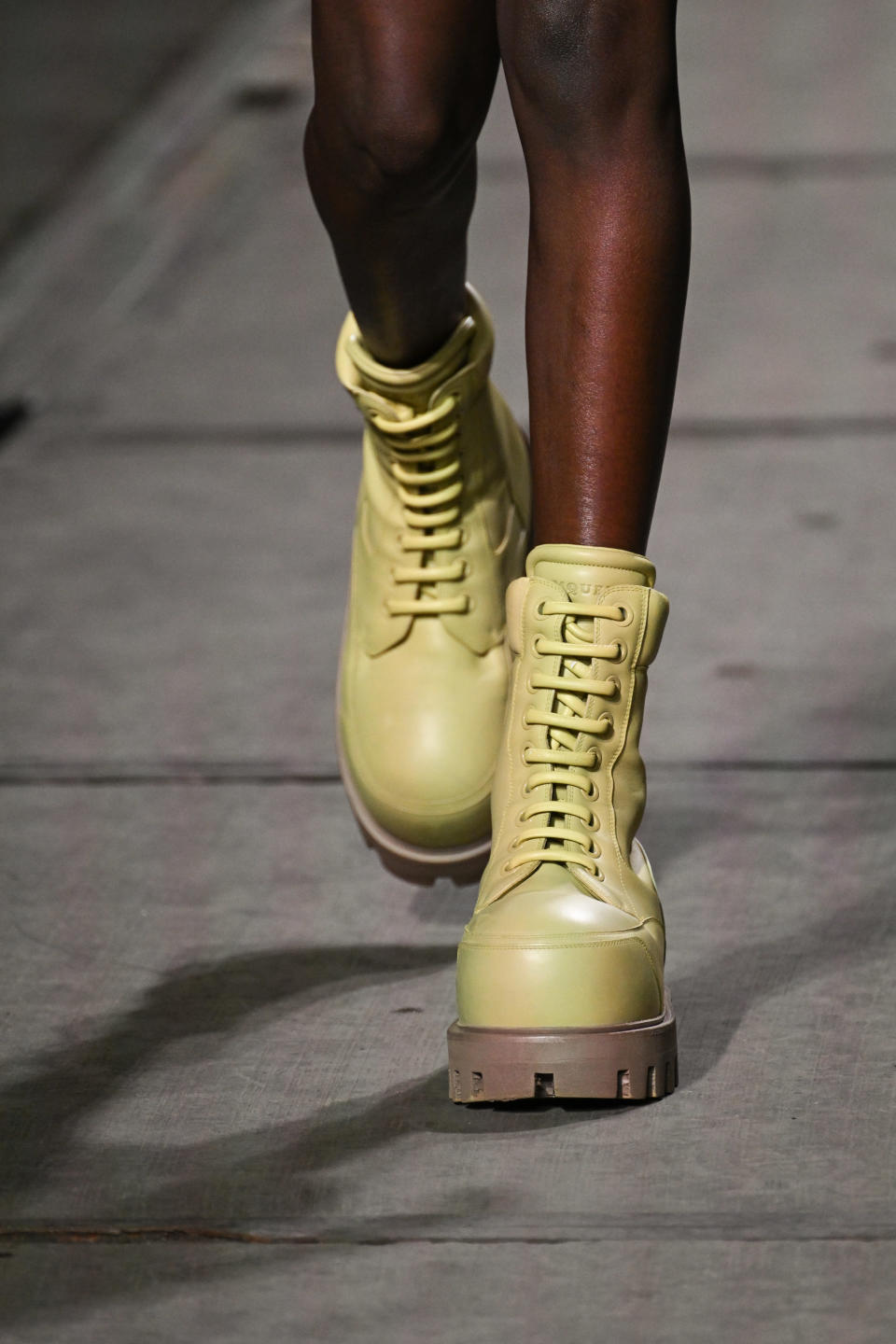 PARIS, FRANCE - MARCH 02: (EDITORIAL USE ONLY - For Non-Editorial use please seek approval from Fashion House) A model, shoe detail, walks the runway during the Alexander McQueen Womenswear Fall/Winter 2024-2025 show as part of Paris Fashion Week on March 02, 2024 in Paris, France. (Photo by Yanshan Zhang/Getty Images)