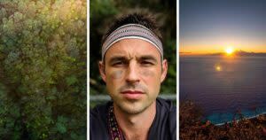 The photo collage shows Ryan Hevern (middle), the eastern cliff pictured in Hualien (right) and the forest from the bird’s eye view. (Courtesy of Ryan Hevern)