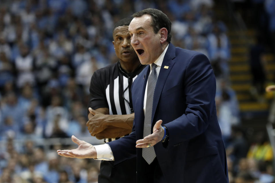 Duke head coach Mike Krzyzewski reacts during the first half of an NCAA college basketball game against North Carolina in Chapel Hill, N.C., Saturday, Feb. 8, 2020. (AP Photo/Gerry Broome)
