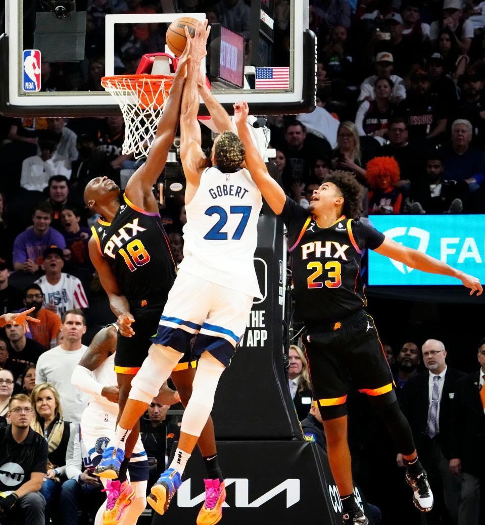 Nov 1, 2022; Phoenix, AZ, USA; Phoenix Suns center Bismack Biyombo (18) blocks a shot by Minnesota Timberwolves center Rudy Gobert (27) in the first half at Footprint Center.