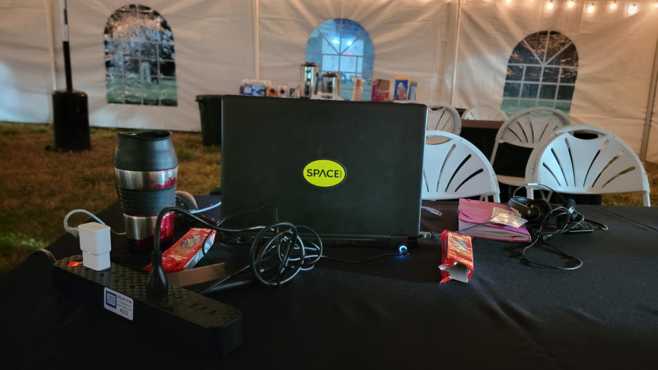 Space.com's computer and coffee set up at NASA's Wallops Flight Facility press site.