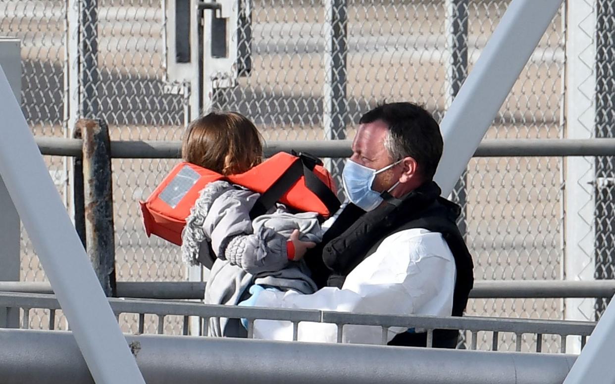 A child among seventeen migrants intercepted just off Dover by Border Force on August 17, 2020 - Steve Finn/The Telegraph