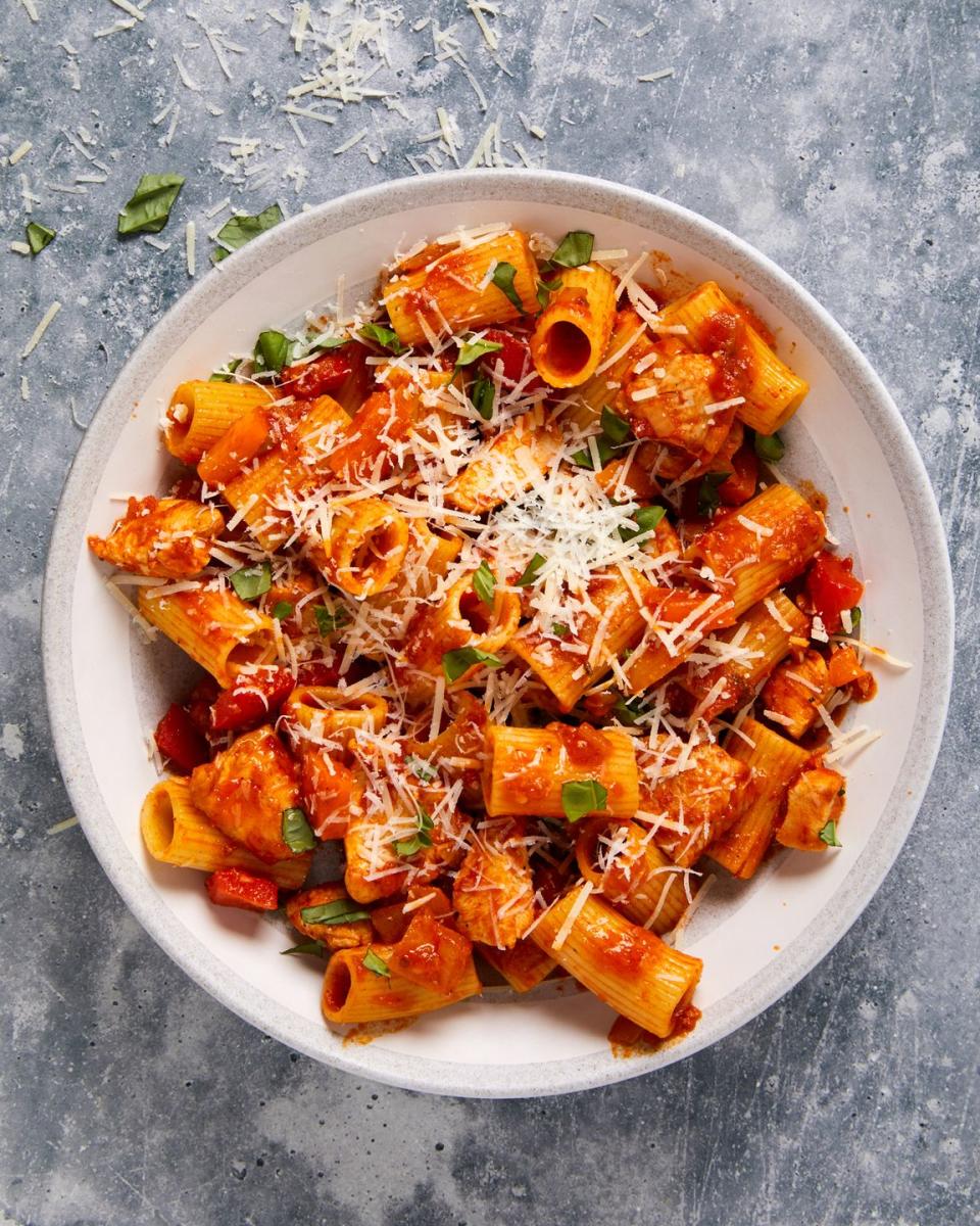 chicken riggies dusted with parmesan cheese