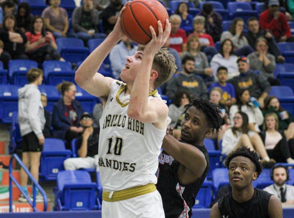 Amarillo's Cooper Pillion attempts a shot against Monterey in a Region I-5A quarterfinal boys basketball game in the Rip Griffin Center on Tuesday, Feb. 28, 2023.