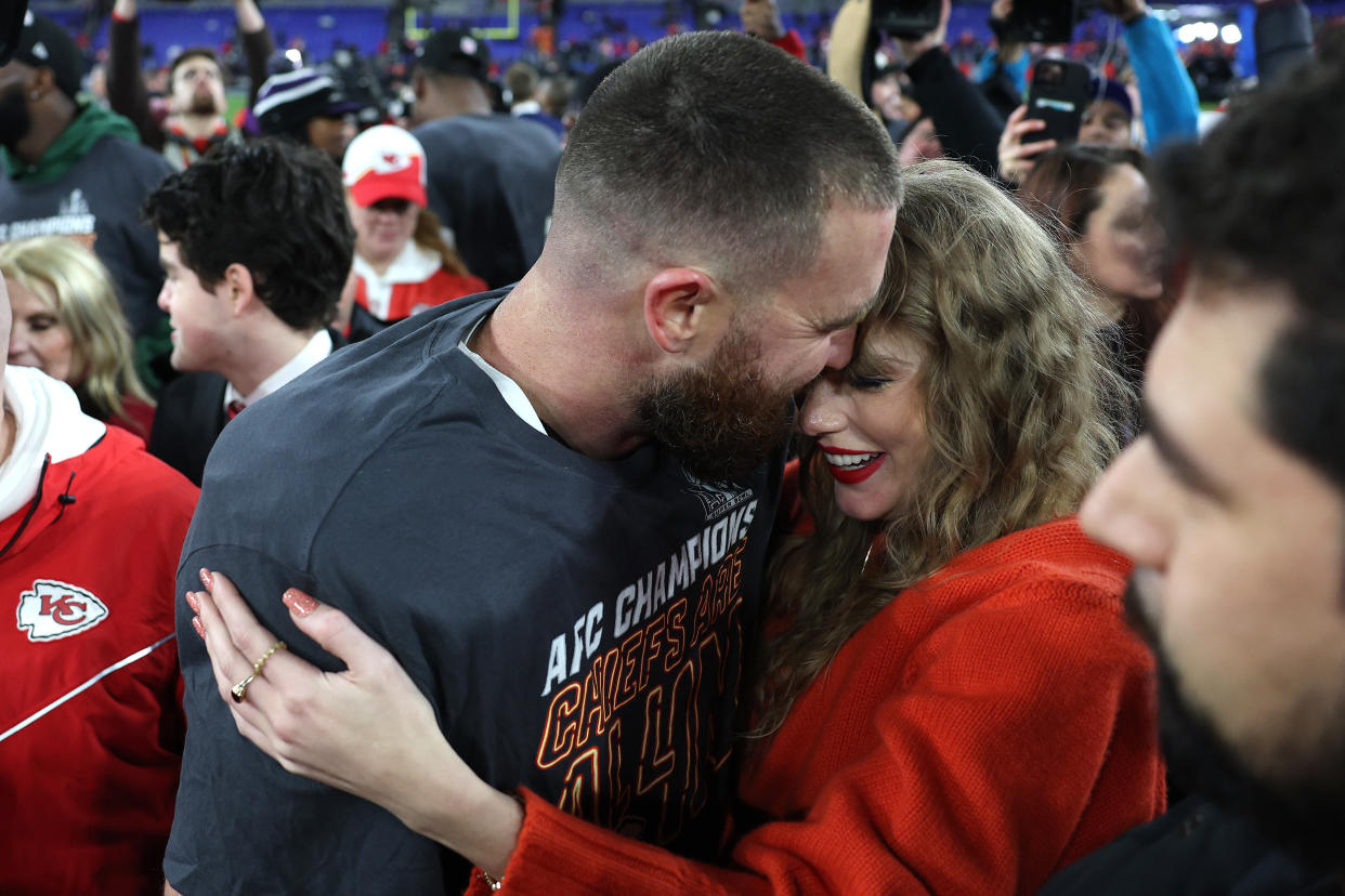 The couple was beyond ecstatic to celebrate the win together. (Patrick Smith/Getty Images)