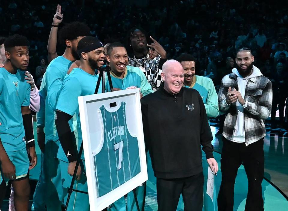 Charlotte Hornets head coach Steve Clifford is honored by his players and the organization on Tuesday, April 9, 2024 with a framed jersey. Clifford will step down as head coach following the season.