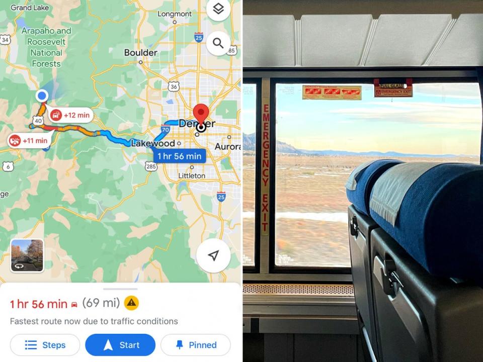 Side-by-side images of a screenshot of traffic on Google Maps and a view from an Amtrak train window.