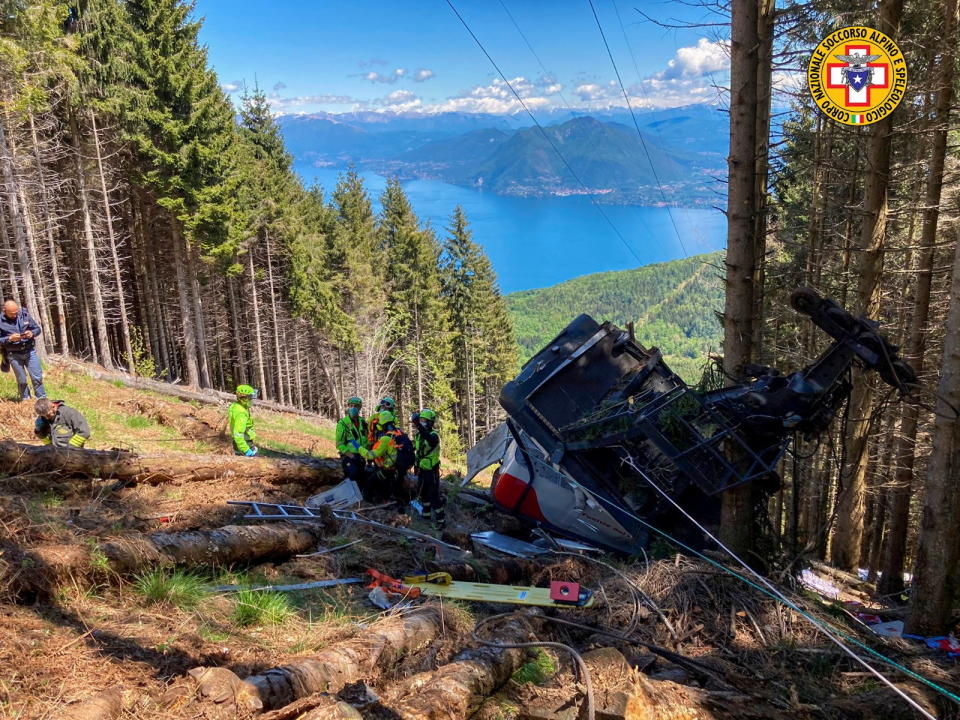 A crashed cable car is seen after it collapsed in Stresa, near Lake Maggiore, Italy.