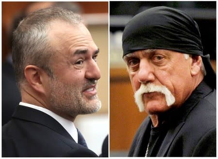 Nick Denton (L), founder of Gawker, and Terry Bollea, aka Hulk Hogan, are seen in a combination of file pool photos taken in court in St Petersburg, Florida. Lawyers for Hulk Hogan urged a Florida jury on Friday to hit the website Gawker with tens of millions of dollars in damages for posting a sex tape featuring the former professional wrestler. REUTERS/Tampa Bay Times/John Pendygraft/Dirk Shadd/Pool