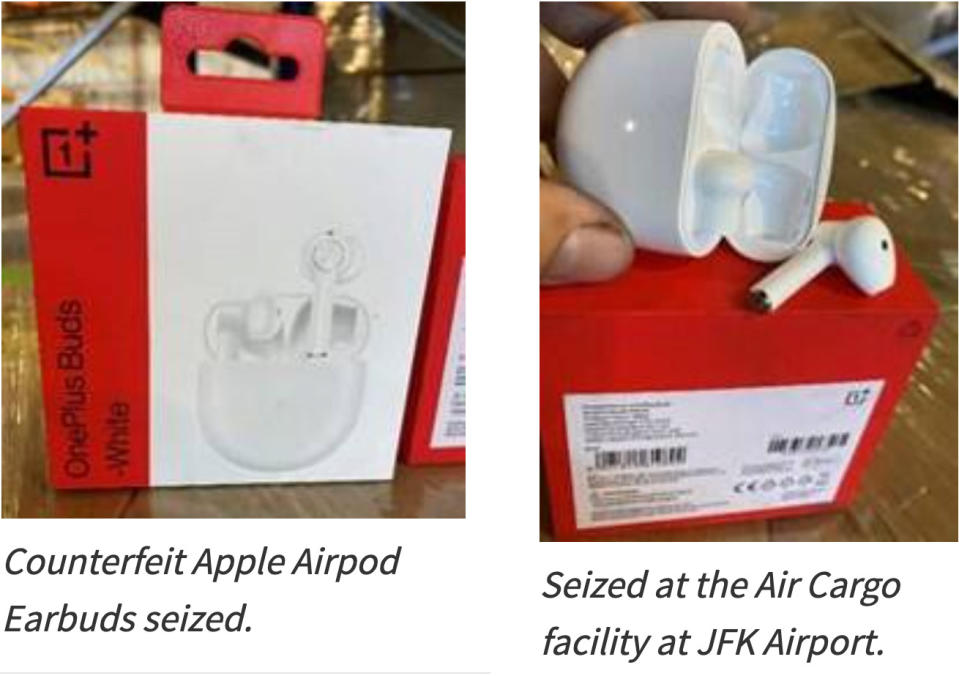 CBP's photos of the seized "counterfeit AirPods" which are actually OnePlus Buds.