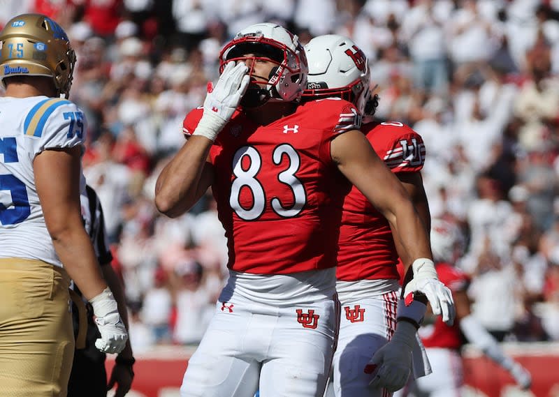 Utah Utes defensive end Jonah Elliss (83) celebrates a sack against UCLA in Salt Lake City on Saturday, Sept. 23, 2023.