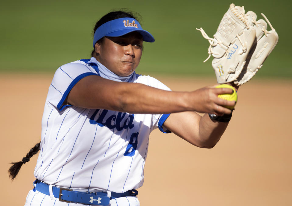 FILE - UCLA pitcher Megan Faraimo delivers during an NCAA college softball game against Fresno State, Feb. 12, 2021, in Los Angeles. Faraimo was the No. 2 overall pick in the Athletes Unlimited softball draft on Monday, May 8, 2023. (AP Photo/Kyusung Gong, File)