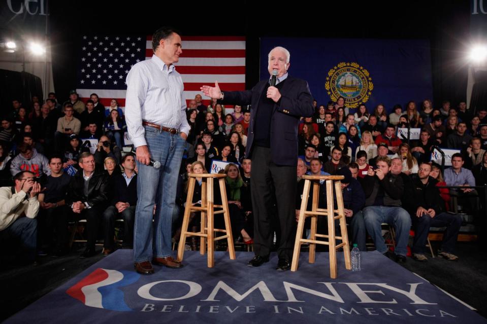 <p>McCain announces that he is endorsing Republican presidential candidate and former Massachusetts Governor Mitt Romney during a town hall meeting on January 4, 2012 in Manchester, New Hampshire.</p>