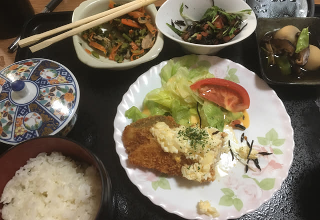 <p>Ce plateau repas est composé de poisson frit à la sauce tartare, de pommes de terre, de salade aux algues brunes (hijiki), d’épinards, de carottes sautées, de riz et de thé vert.<br>Crédit photo : imgur </p>