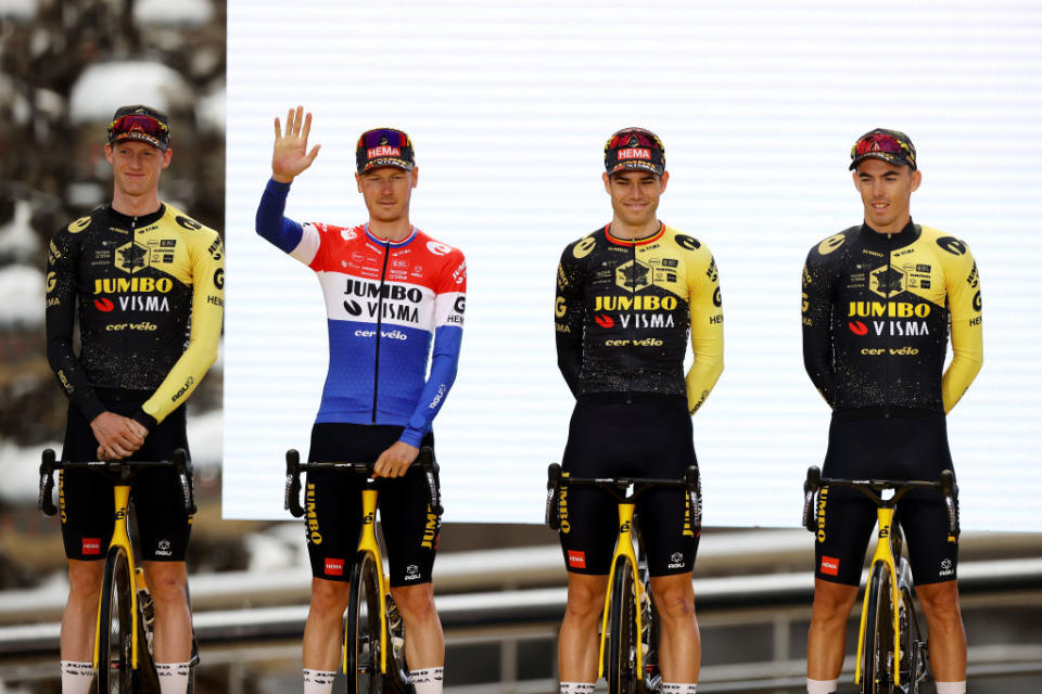 BILBAO SPAIN  JUNE 29 LR Nathan Van Hooydonck of Belgium Dylan Van Baarle of The Netherlands Wout Van Aert of Belgium and Christophe Laporte of France and Team JumboVisma during the team presentation of the 110th Tour de France 2023 at the Guggenheim Museum Bilbao  UCIWT  on June 29 2023 in Bilbao Spain Photo by Michael SteeleGetty Images