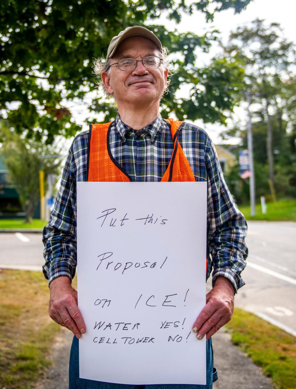York resident James Kences is seen outside York Town Hall on Friday, Sept. 24, 2021, protesting a proposal to build a cell antenna array atop the Roots Rock Road water tower. Thursday he spoke against another cell project before the Planning Board being proposed in York Village.