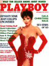 <p>„Denver Clan“-Star Joan Collins war ein weiteres berühmtes Gesicht, das in den 80ern bekleidet auf dem Titelblatt auftauchte. In einer glamourösen (und zugegeben spärlichen) roten Robe war sie die perfekte Wahl für das Cover der Weihnachtsausgabe 1983.<br><em>[Bild: Playboy]</em> </p>