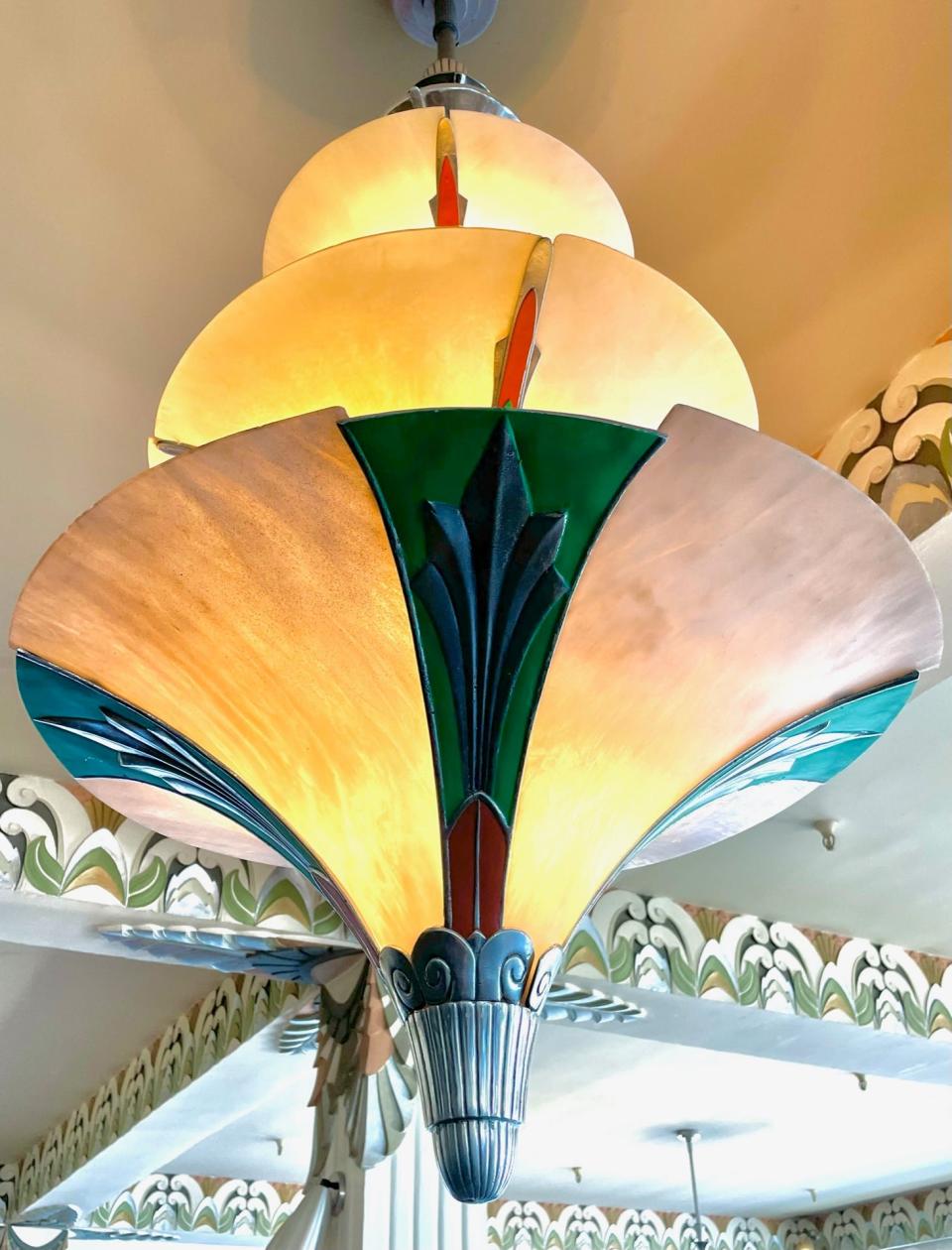 An art deco chandelier is one of many original ornaments decorating the former Auburn Automobile headquarters.